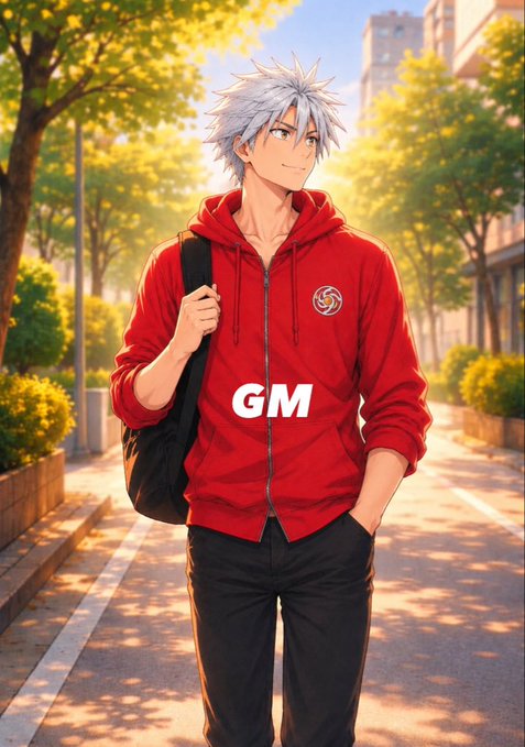 Anime-style illustration of a silver-haired young man wearing a red zip-up hoodie with a swirl logo and the letters "GM" printed on it, walking down a sunny tree-lined street with a backpack.