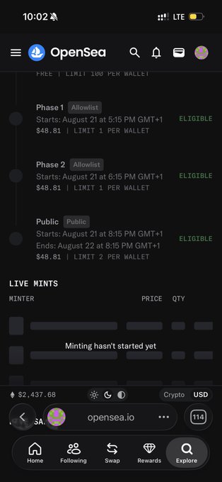 Screenshot of the OpenSea app showing a minting schedule with Phase 1, Phase 2, and Public phases, each at $48.81 with limits of 1-2 per wallet, and a 'Live Mints' section indicating 'Minting hasn't started yet.'