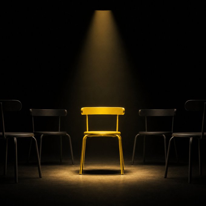 A single yellow chair is illuminated by a spotlight in the center, surrounded by empty dark chairs, symbolizing an open position or opportunity. The image complements the Binance recruitment message inviting candidates to "join" the team among 380+ job openings worldwide.