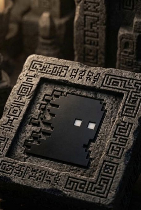 A close-up of a stone block with ancient runic carvings features a black pixel-art ghost-like face with white eyes embedded in its center.