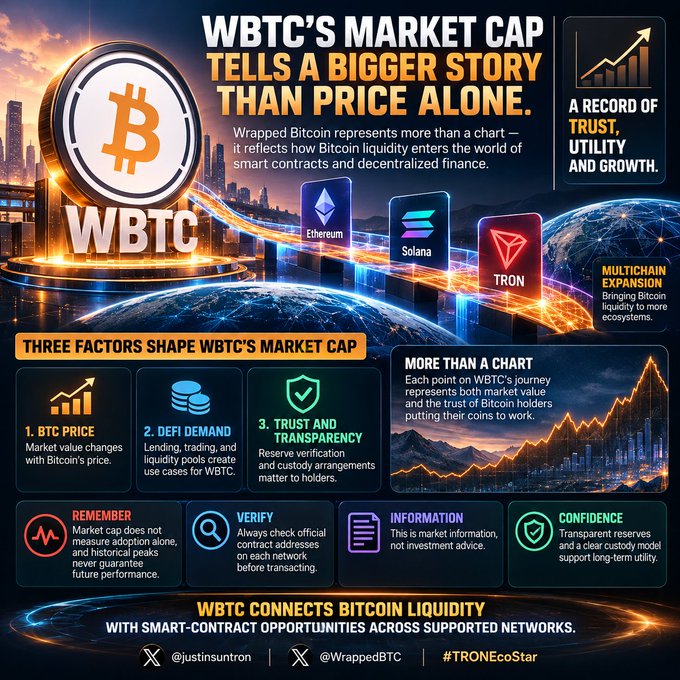 A colorful WBTC infographic states that wrapped Bitcoin’s market cap reflects Bitcoin price, DeFi demand, and trust/transparency, with Ethereum, Solana, and TRON logos and advice to “REMEMBER,” “VERIFY,” “INFORMATION,” and “CONFIDENCE.”