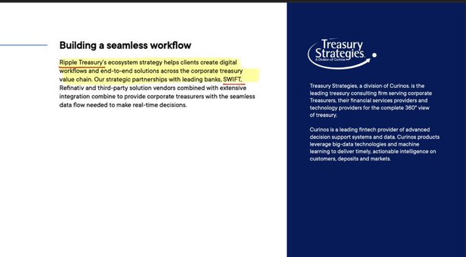 The image shows a presentation slide with text that reads "Building a seamless workflow", followed by a bullet point list of steps, including "Ripple Treasury's ecosystem helps clients create digital solutions" and "This is a direct connection to SWIFT for XRP". The image also includes a small blue logo in the bottom right corner.