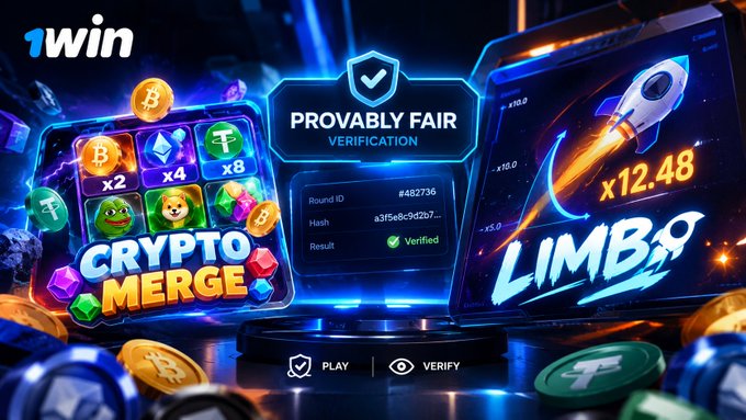 A '1win' promotional graphic for 'CRYPTO MERGE' and 'LIMBO' games features a 'PROVABLY FAIR VERIFICATION' badge displaying a verified Round ID and Hash.
