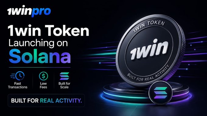 The image is a promotional graphic for the "1win Token" launching on the Solana blockchain, featuring a large 3D-rendered metallic coin with "1win" branding and the tagline "Built for Real Activity," alongside feature highlights ("Fast Transactions," "Low Fees," "Built for Scale") that directly support the post's argument that Solana's high-throughput infrastructure is ideal for handling the high volume of iGaming transactions like bets, cashback, rewards, and token burns.