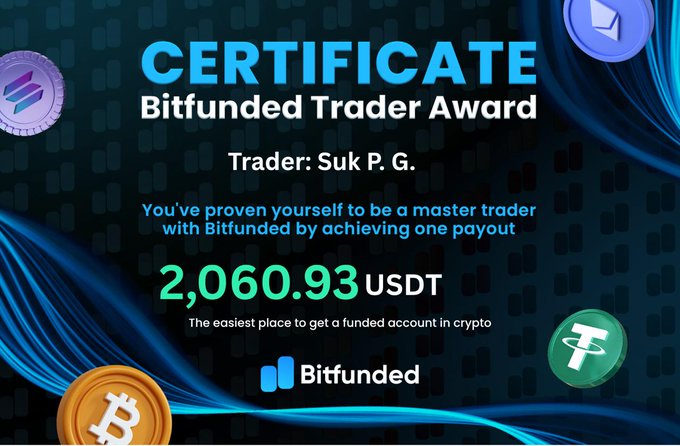 A Bitfunded Trader Award certificate presented to trader Suk P. G. for successfully earning a payout of 2,060.93 USDT, featuring the company's blue logo and cryptocurrency-themed graphics including Bitcoin and Tether coins.