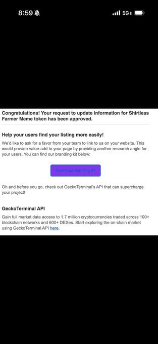 An email notification stating 'Congratulations! Your request to update information for Shirtless Farmer Meme token has been approved,' featuring branding for GeckoTerminal.