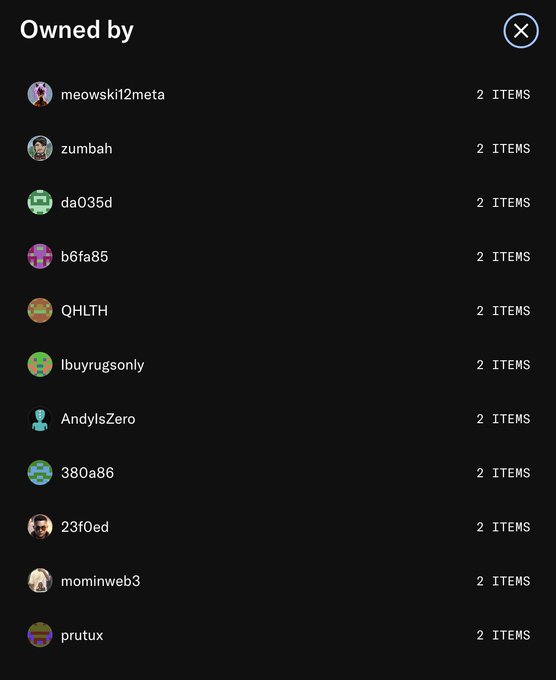 A mobile app screen titled 'Owned by' lists 12 user profiles (e.g., meowski12meta, zumbah, da035d), each showing they own 2 items.