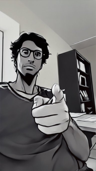 A black and white illustrated image of a man with glasses and dark hair giving a thumbs-up gesture, set in what appears to be an office or study with a bookshelf in the background.