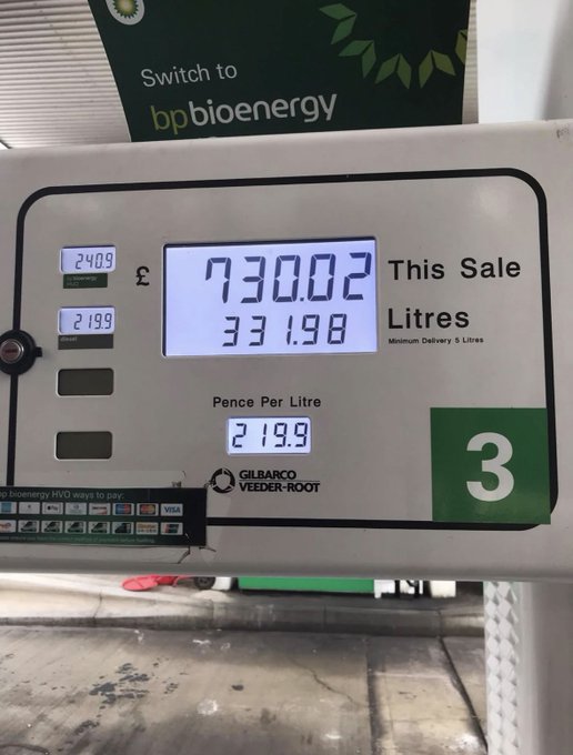 A BP gas station fuel pump screen displaying 73.02 GBP for 33.198 litres at 219.9 pence per litre on pump 3, with a sign above advertising 'Switch to bp bioenergy'.