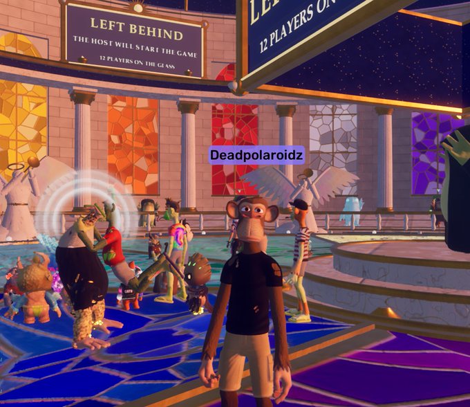 A scene from a virtual game showing a player character named 'Deadpolaroidz' standing among various other avatars in a colorful, stained-glass-themed lobby with signs reading 'LEFT BEHIND' and '12 PLAYERS O...' at the top.
