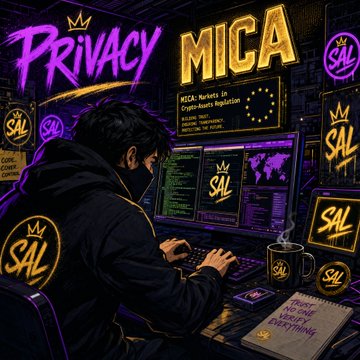 The image features a man sitting at a desk, typing on his computer while wearing a black hoodie. The background of the image includes various logos for companies such as $SAL, $KAS, and #PRIVACY Project. There are also several other logos in the background that appear to be related to cryptocurrency or blockchain technology. The man is sitting at a desk with a cup of coffee next to him, suggesting he might be working on a project related to cryptocurrency or blockchain.