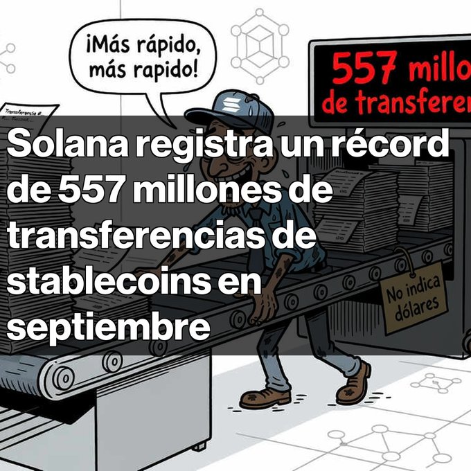 A Spanish-language cartoon illustration of a worker on a conveyor belt with the text '¡Más rápido, más rápido! Solana registra un récord de 557 millones de transferencias de stablecoins en septiembre' and a sign reading '557 millones de transferencias' and 'No indica dólares'.