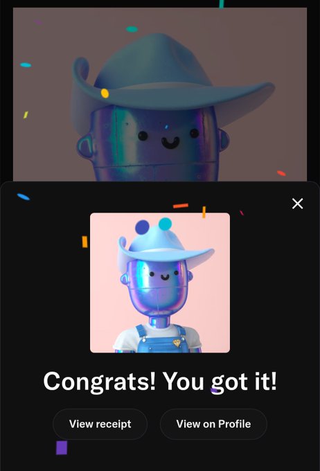 A Roblox-style digital collectible screen showing an iridescent figure with a cowboy hat and a smiling face, with a confirmation message 'Congrats! You got it!' and options to view the receipt or profile.