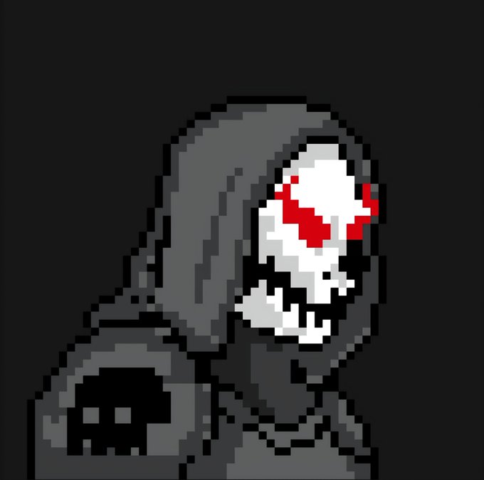 Pixel art of a grim reaper figure wearing a dark hooded cloak and displaying a white skull face with red eyes.