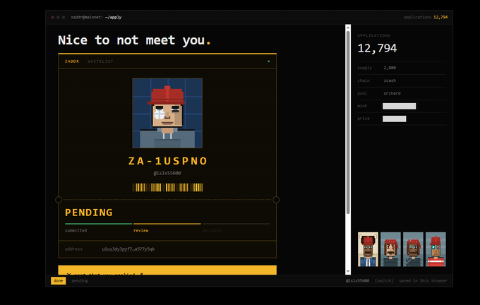 ZADDR whitelist application page showing character #61090 'ZA-1USPNO' with a pending review status and applications counter at 12,794.