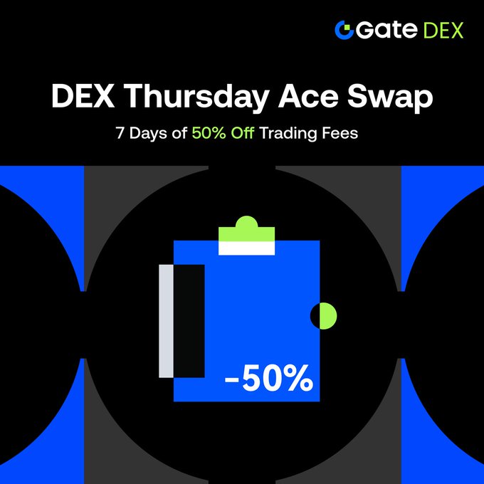 Promotional graphic for Gate DEX's "Thursday Ace Swap" event, featuring the Gate DEX logo, bold text announcing "7 Days of 50% Off Trading Fees," and a central illustration of a blue notebook/clipboard displaying "-50%" against a black and blue geometric background, visually reinforcing the post's announcement of a week-long half-price trading fee promotion with streak rewards and rank challenges.