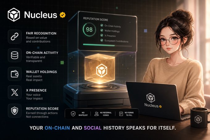 A Nucleus promotional image featuring an anime-style woman on a laptop alongside a 'Reputation Score' of 98 and tagline 'YOUR ON-CHAIN AND SOCIAL HISTORY SPEAKS FOR ITSELF.'