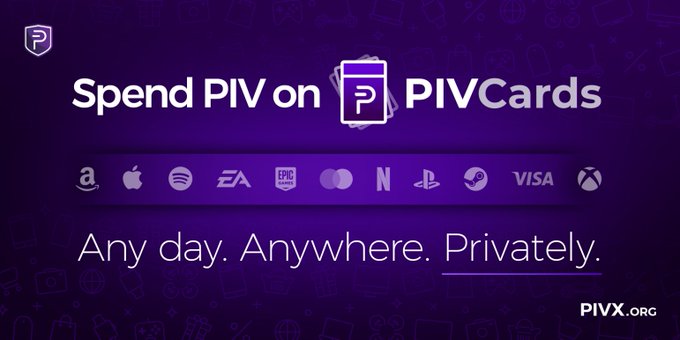 The image features an advertisement for PIVCards that promotes its use as a private digital currency, allowing users to spend money anywhere without revealing their location or personal information. The text "True utility is when technology works quietly in the background" suggests that PIVCards can be used seamlessly and securely in everyday life while maintaining privacy.