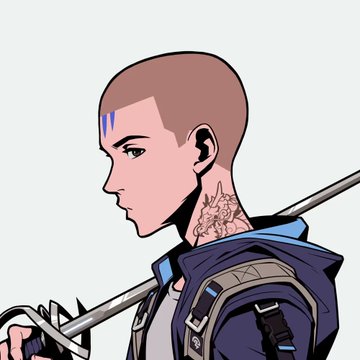 An anime-style profile illustration of a short-haired character with tattoos on the neck and face markings, wearing a blue jacket and carrying a weapon on their back.