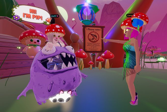 A screenshot from a 3D virtual world or game featuring characters with mushroom hats, a purple monster-like creature, and a sign reading 'NO I'M PIP!'.