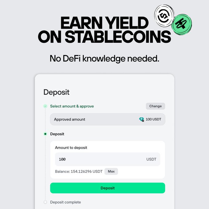 A promotional graphic for earning yield on stablecoins features bold "EARN YIELD ON STABLECOINS" text with USDC and USDT coin icons and the tagline "No DeFi knowledge needed." Below is a Deposit interface showing an approved amount of 100 USDT, an amount-to-deposit field set to 100 USDT with a balance of 154.12696 USDT, and a green Deposit button—illustrating the simple Trezor Suite staking process described in the post.