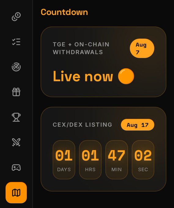 A countdown interface displays two upcoming milestones for $ORVX: "TGE + On-Chain Withdrawals" marked as "Live now" on Aug 7, and the "CEX/DEX Listing" on Aug 17 with 1 day, 1 hour, 47 minutes, and 2 seconds remaining. The image visually supports the post's update by confirming that the $ORVX listing is scheduled for Monday, August 17th, consistent with the anticipated exchange announcement timeline.