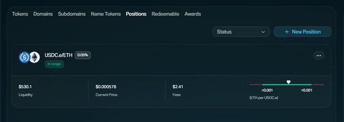 A cryptocurrency trading interface showing a USDC.e/ETH liquidity position with 0.05% fee tier, displaying $530.1 liquidity, $0.000576 current price, $2.41 fees, and an in-range status indicator.