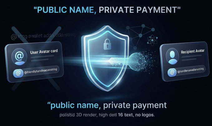 An illustration titled "PUBLIC NAME, PRIVATE PAYMENT" featuring a shield between two avatar cards, showing a secure transfer between users, with several garbled text artifacts visible.