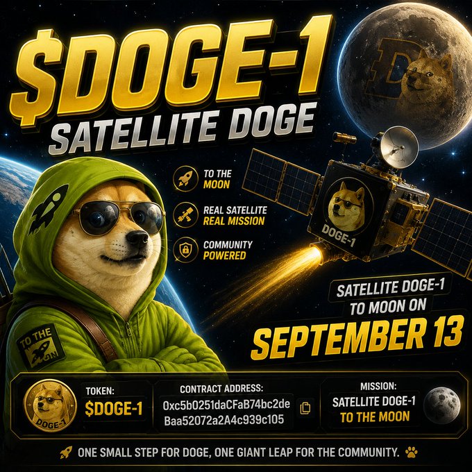 A promotional poster advertises '$DOGE-1 SATELLITE DOGE' featuring a Shiba Inu dog in a green spacesuit and the text 'SATELLITE DOGE-1 TO MOON ON SEPTEMBER 13', along with contract address details and 'ONE SMALL STEP FOR DOGE, ONE GIANT LEAP FOR THE COMMUNITY.'