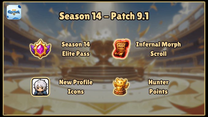 A game update announcement for 'Season 14 - Patch 9.1' featuring Elite Pass, Infernal Morph Scroll, New Profile Icons, and Hunter Points as rewards.