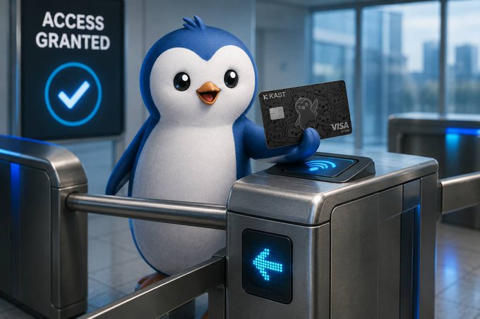 A 3D rendered blue and white penguin stands at a modern subway turnstile holding up a black 'KAST' Visa card, with an 'ACCESS GRANTED' screen and checkmark visible in the background.