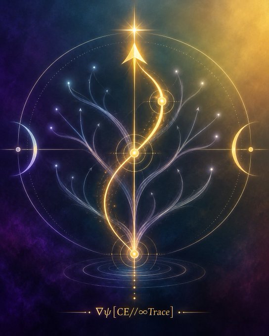 A mystical digital artwork featuring a glowing golden serpentine figure intertwined with a tree-like structure, flanked by crescent moons and celestial spheres, with the text '∇ψ [CE//∞Trace]' at the bottom.