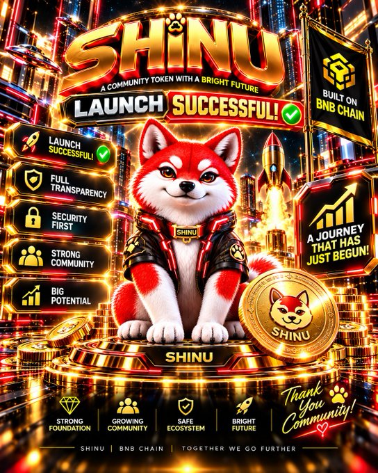 A promotional graphic for the SHINU token launch on the BNB Chain, featuring a Shiba Inu dog in a jacket, a gold SHINU coin, and bullet points highlighting 'Launch Successful', 'Full Transparency', 'Security First', 'Strong Community', and 'Big Potential'.