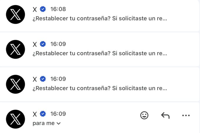 The image shows a series of notifications from X (Twitter) at 16:08 and 16:09, all reading "¿Restablecer tu contraseña? Si solicitaste un re..." (Reset your password? If you requested a re...), indicating repeated password reset attempts that the user did not initiate—evidence of a hacking attempt on their account.