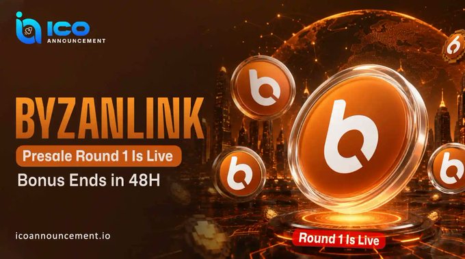 The image is a promotional banner for Byzanlink (BYZAN) presale Round 1, featuring orange "b" branded coins against a futuristic cityscape background, with text stating "Presale Round 1 Is Live" and "Bonus Ends in 48H." It visually reinforces the announcement that early investors can purchase $BYZAN tokens at $0.03 via Gems Launchpad.