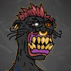A creepy cartoon drawing of a black cat-like creature with spiky red hair, a glowing white eye, and a mouth full of sharp yellow teeth.