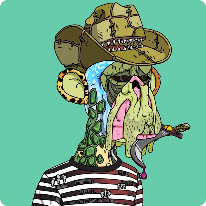 A colorful cartoon character with green, scaly skin wearing a tattered straw hat that has teeth, a striped shirt, and carrying a small blade.
