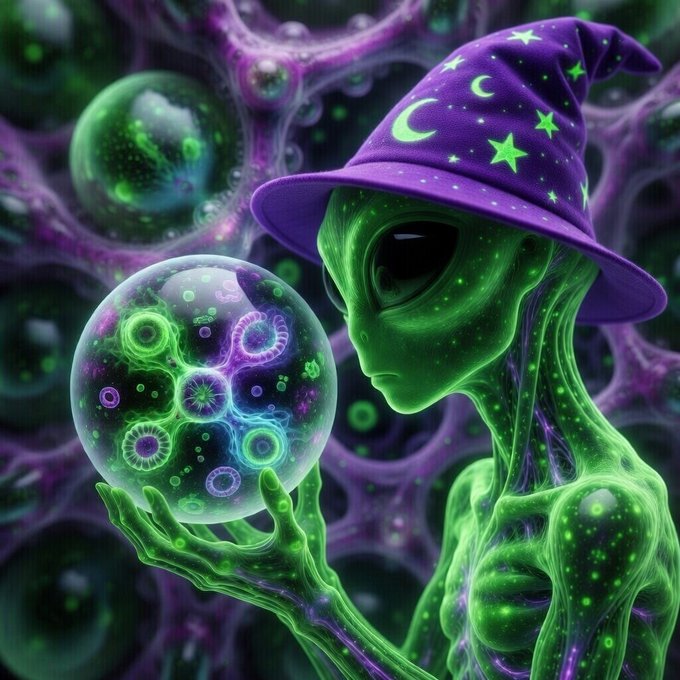 The image features a green alien with purple skin, wearing a purple hat that has a crescent moon design on it. The alien holds a glowing orb in its hands, which appears to be a crystal ball or a similar object. The background of the image is filled with various bubbles and stars, creating an otherworldly atmosphere. The caption at the bottom of the image reads "Gm gm gang! Was another great !!! Make sure to give these legends a follow @an_artistart @Artnaz_eth @uniq2708 @sanam_artistic @ArtSoroor @SanGovphotos @Shamspranto1 @Nczargar".