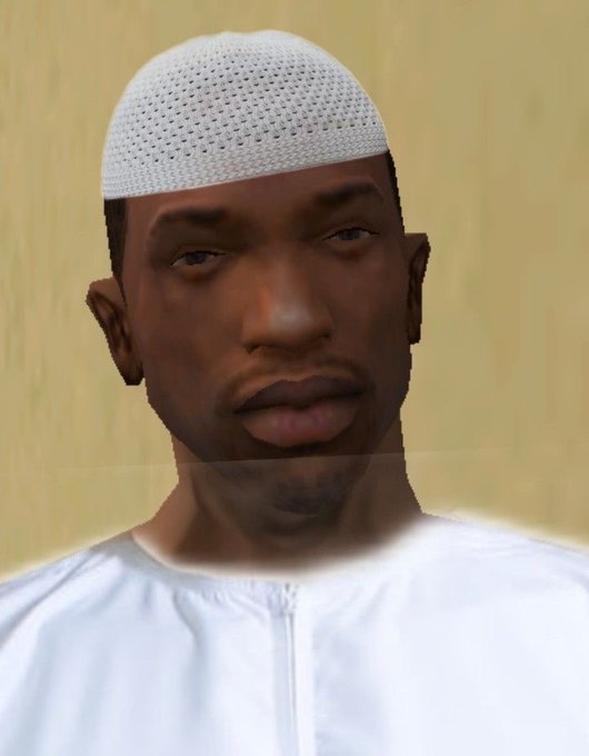 A low-polygon, 3D-rendered digital portrait of a dark-skinned man wearing a white skullcap and a white garment against a plain beige background.
