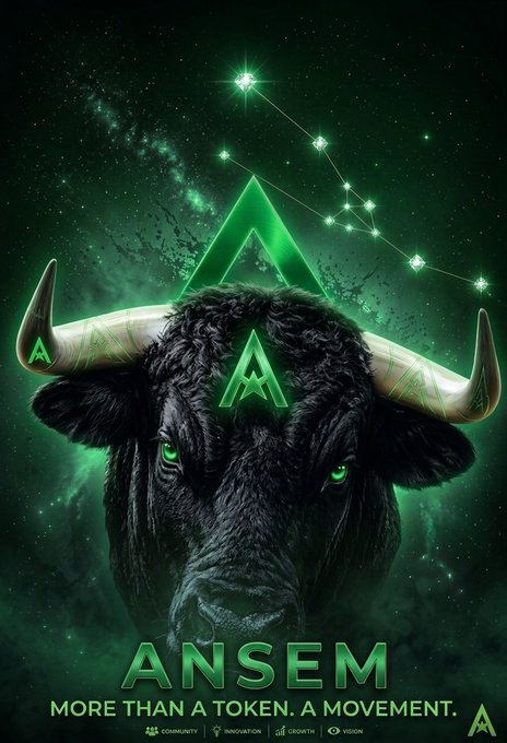A promotional graphic for 'ANSEM' featuring a black bull with glowing green eyes, a stylized 'A' logo, and the tagline 'MORE THAN A TOKEN. A MOVEMENT.' against a cosmic green background.