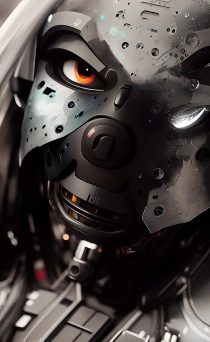 A close-up digital rendering of a futuristic metallic robot or cyborg face with glowing orange and white eyes, weathered gray armor plating, and intricate mechanical details.