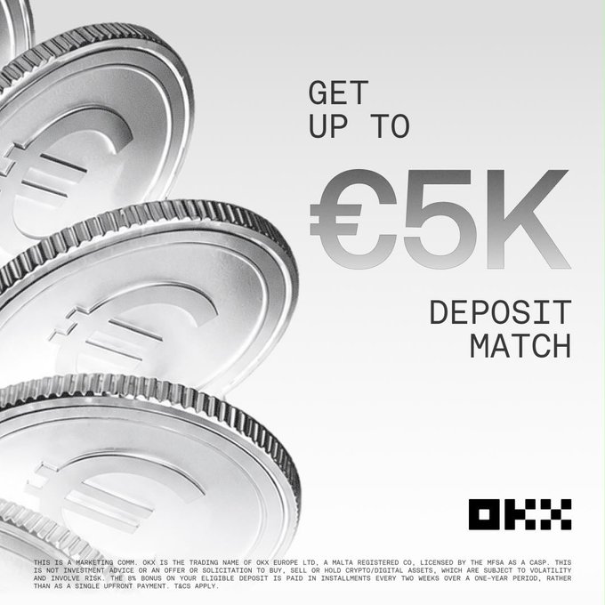 A promotional graphic for OKX featuring stacked silver euro coins alongside the text "GET UP TO €5K DEPOSIT MATCH" and the OKX logo, advertising their European net deposit offer.