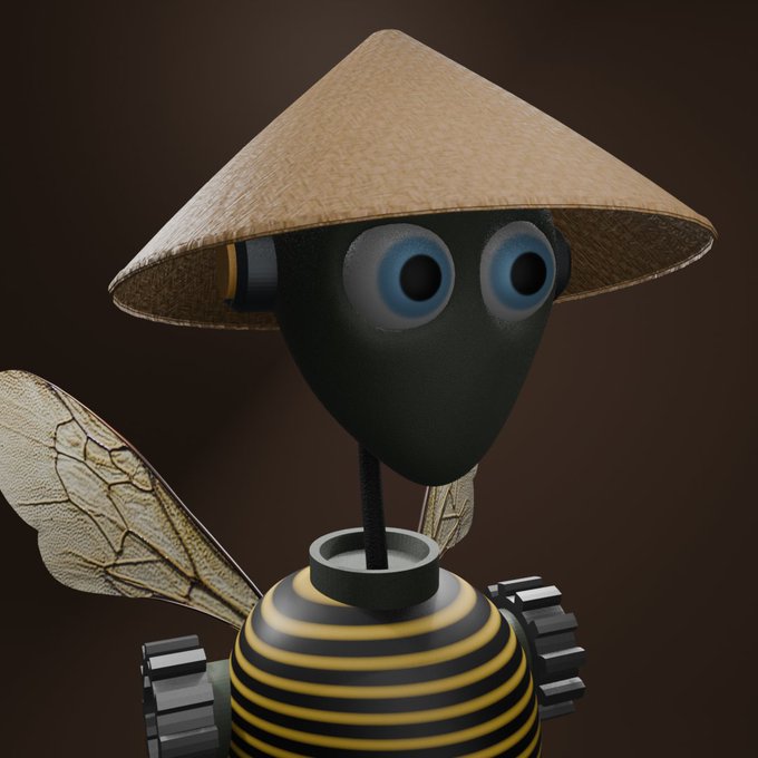 A 3D-rendered stylized bee character with large blue eyes wearing a woven conical straw hat, displayed against a dark brown background.