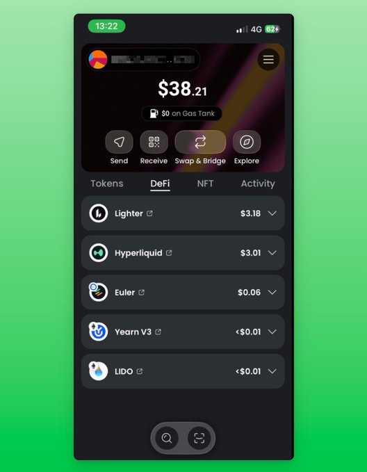 A mobile cryptocurrency wallet app shows a balance of $38.21 with options to Send, Receive, Swap & Bridge, and Explore. The DeFi tab displays tokens including Lighter ($3.18), Hyperliquid ($3.01), Euler ($0.06), Yearn V3 (<$0.01), and LIDO (<$0.01).