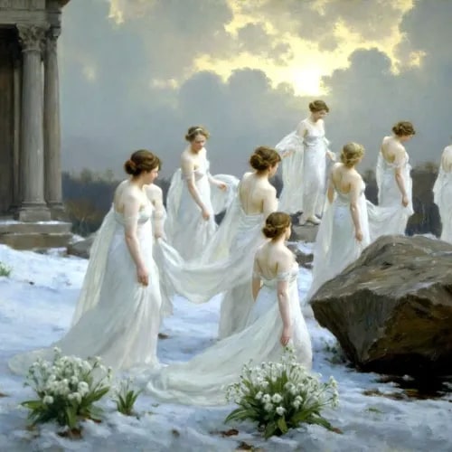 A group of ethereal women in flowing white gowns gather in a snowy landscape beside classical ruins under a luminous sky, evoking a dreamlike, mythological atmosphere. The painting's serene, otherworldly aesthetic aligns with the post's promotion of an NFT artwork sale on OpenSea, framing it as a captivating digital collectible.