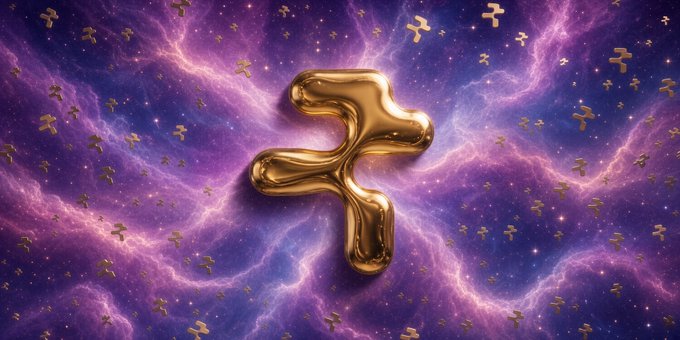A 3D golden ballerina-like figure floats in the center of a purple and pink cosmic nebula surrounded by small golden pin-shaped figures.