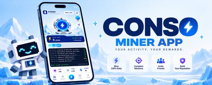 A promotional banner for the CONSO Miner App, featuring a smartphone displaying the app interface with "CONSO" branding, a "6.4558" total supply metric, and a friendly white robot mascot, set against an icy mountain backdrop. The tagline reads "CONSO MINER APP — YOUR ACTIVITY, YOUR REWARDS," highlighting features like "Mine ZAPs Daily," "Complete Missions," "Invite Friends," and "Build Your Reputation" that align with the post's theme of consolidating user activity into a portable reputation across platforms.