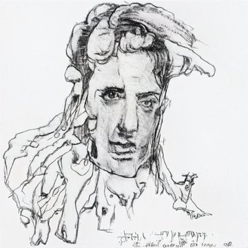 A black ink portrait sketch of a man with wavy hair, signed and dated "'88" by the artist.