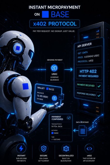 A futuristic infographic explaining the x402 protocol on the Base blockchain, featuring a robot sending USDC payments with the tagline 'INSTANT MICROPAYMENT ON BASE' and 'PAY PER REQUEST. NO SIGNUP. JUST VALUE.'