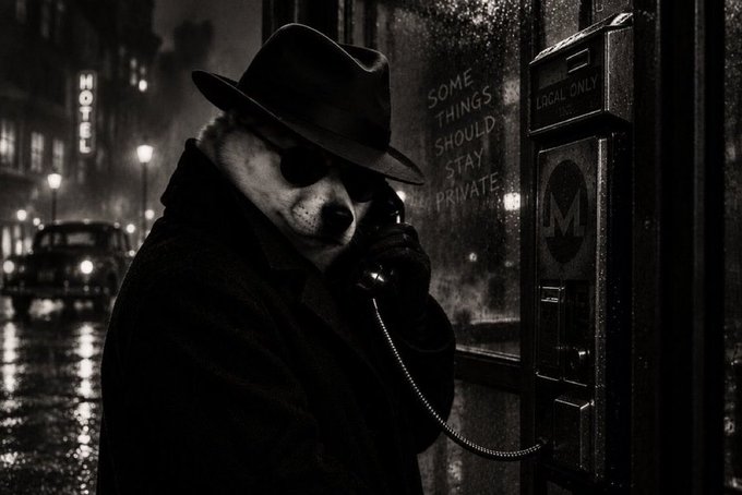 A black and white image of a dog wearing a fedora and sunglasses talking on a public phone booth that says 'SOME THINGS SHOULD STAY PRIVATE' on the glass.